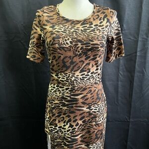 Many Many Leopard Print Two Piece Set Long Slit Top & Shorts New